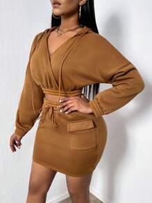 SHEIN Essnce Lỏng lẻo phù hợp Bọc Hoodie Và Bộ váy Với Thả vai - màu nâu - Xem 6