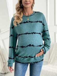 SHEIN Maternity Floral Drop Shoulder Sweatshirt, For Winter - Green - View 5