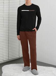 SHEIN Cottnline 男士印花長袖t恤和長裤家居服套裝 - 棕色 - 查看 5