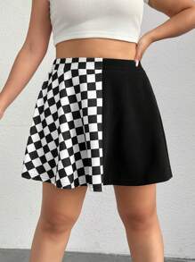 SHEIN EZwear Women's Plus Size Plaid Patchwork Skirt - Black and White - View 3