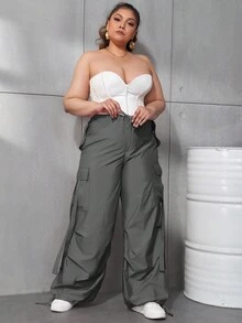 大码女式松紧腰抽绳口袋宽松阔腿工装裤 - 深灰色 - 查看 4