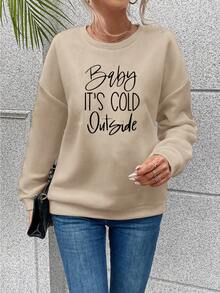 SHEIN LUNE Women's Slogan Print Drop Shoulder Sweatshirt - Khaki - View 5