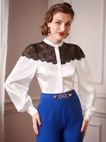 Vintamour Retro Elegant Women Lace Patchwork Stand Collar Long Sleeve Shirt, Autumn/Winter & New Year - White - View 1