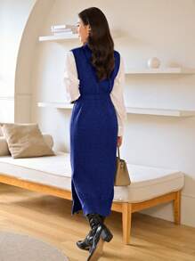 Seusyu 女款純色高開衩束帶毛衣連身裙 - 寶藍色 - 查看 2