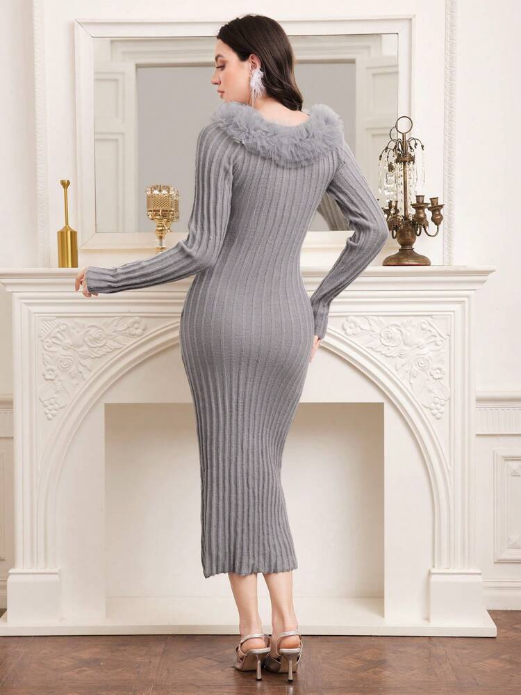 Asymmetric Hem Patchwork Turtleneck Long Sleeve Bodycon Sweater Dress Fall Cloth For Women