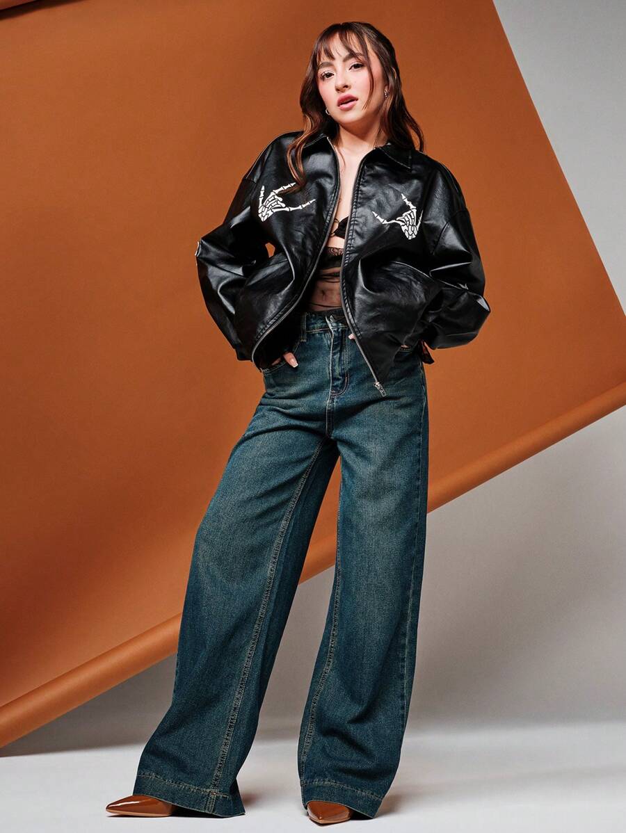 SHEIN X MariajoseGi Muchica 女式骷髏手印翻領夾克 - 黑色 - 查看 1