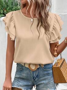 SHEIN LUNE 純色荷葉邊短袖襯衫 - 杏色 - 查看 4