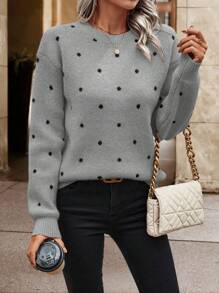 EMERY ROSE Women's Polka Dot Print Drop Shoulder Sweater,Long Sleeve Tops Knit Pullover Fall Winter Outfit - Grey - View 5