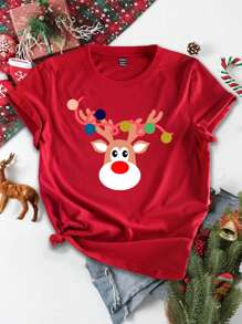 SHEIN EZwear Camiseta Impresa De Navidad Para Mujer - Rojo - Ver 1