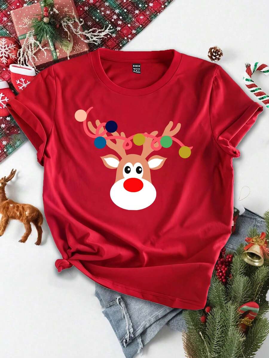 SHEIN EZwear Camiseta Impresa De Navidad Para Mujer - Rojo - Ver 1