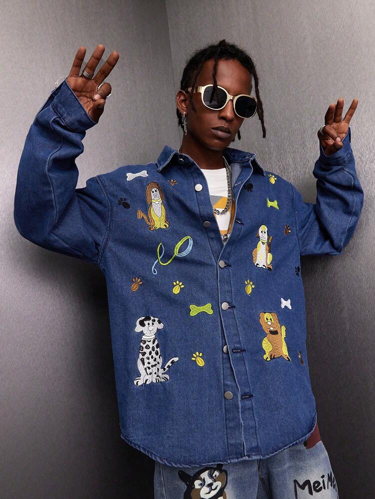 Men's Loose Fit Cartoon Pattern Denim Shirt