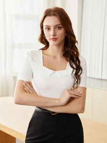 BizChic 女士方领纯色修身短袖T恤，基础款上衣，适合外出、办公、商务休闲场合 - 白色 - 查看 6