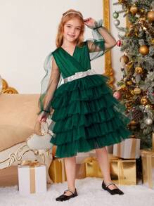 女孩梭織凈色拼接網紗蛋糕裙禮服裝