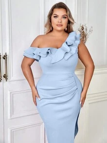One Shoulder Fishtail Sleeveless Ruched Hip Wrap Dress - Baby Blue - View 3