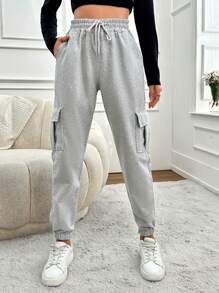 EURMUSE Women's Drawstring Waist Sweatpants With Cargo Pockets - Grey - View 1