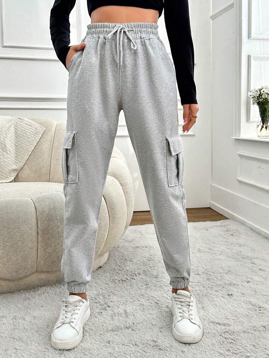 EURMUSE Women's Drawstring Waist Sweatpants With Cargo Pockets - Grey - View 1