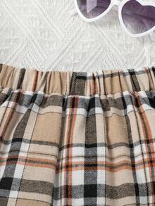 SHEIN Nhỏ bé Cô gái Kẻ sọc Váy Với Bowknot , Gấp lại Và Viền xếp - Màu Khaki - Xem 5