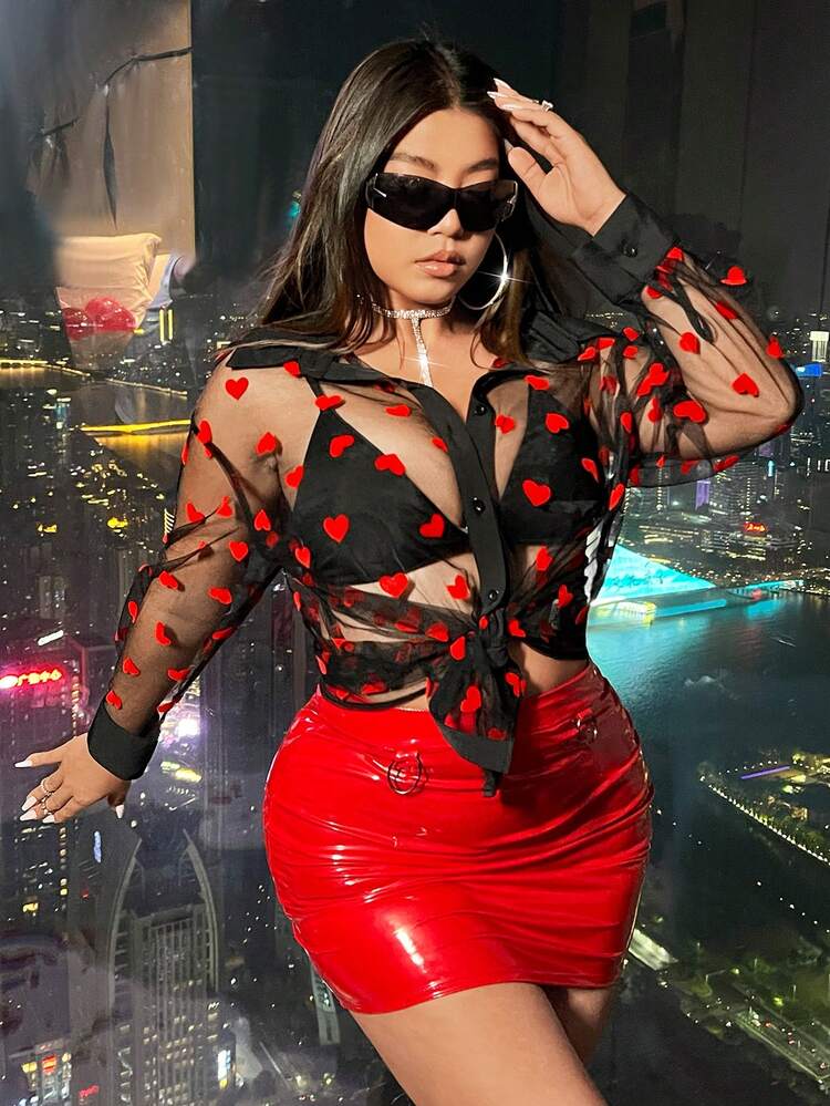 Plus Size Love Mesh See-Through Shirt