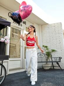 SHEIN EZwear 女款心形圖案掛脖針織上衣 - 紅白色 - 查看 6