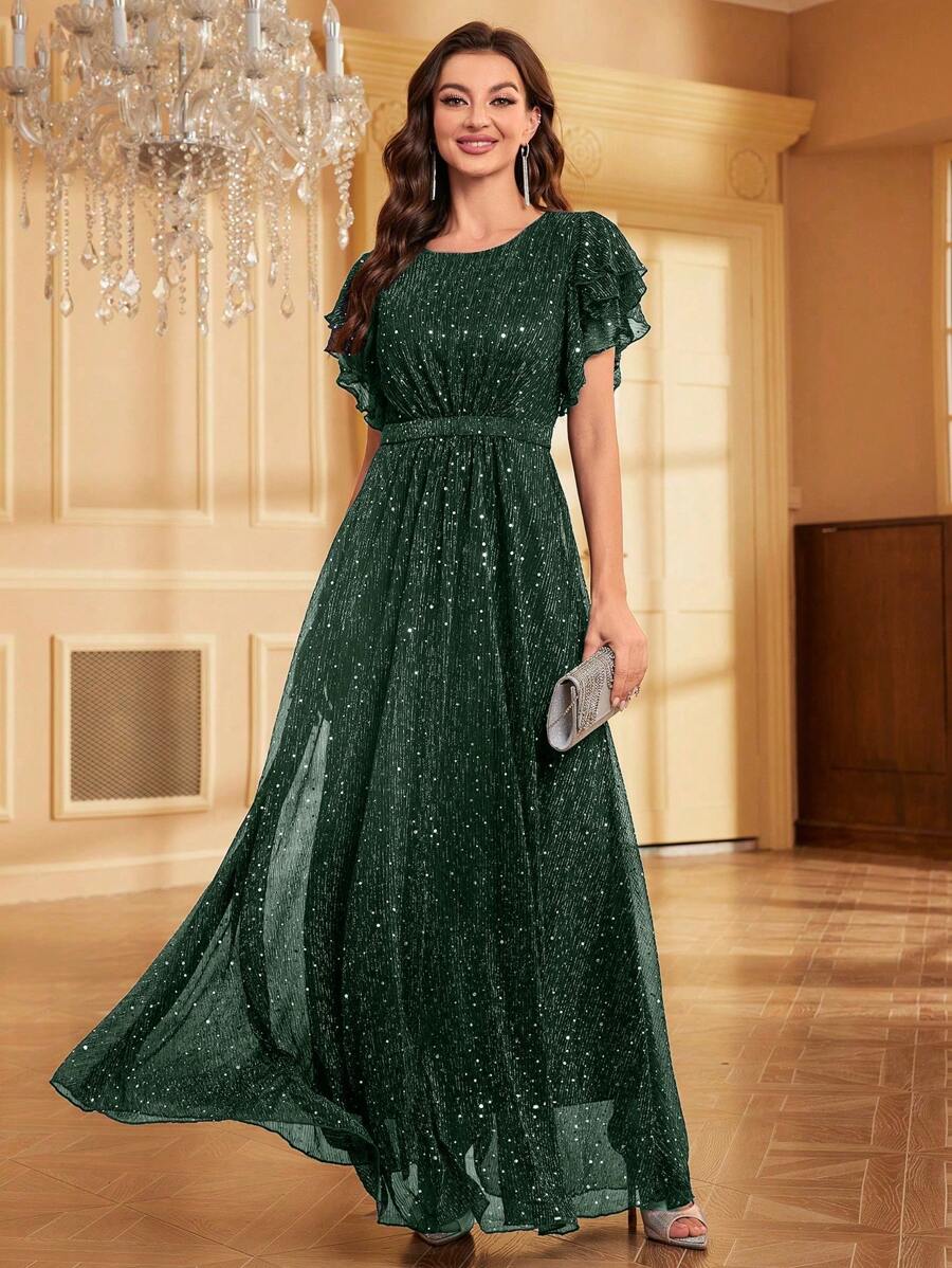 SHEIN Belle Women's Graceful Round Collar Dress With Ruffled Sleeves And Waistband For Holiday Party Clothes Maxi Sequin Women Outfit - Green - View 1
