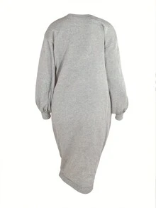 女士纯色圆领优雅泡泡袖紧身连衣裙 - 灰色 - 查看 2