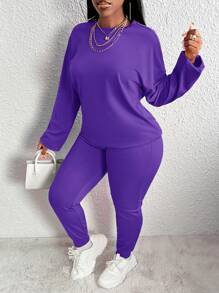 Slaydiva Women's Solid Color Drop Shoulder T-shirt And Leggings Two Piece Set - Purple - View 1