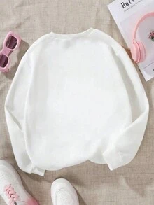 SHEIN Tween Girls' Cartoon And Slogan Printed Round Neck Sweatshirt - White - View 2