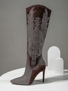 Styleloop Fashionable High Heel Boots With Rhinestones - Coffee Brown - View 1