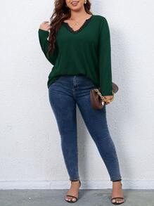 SHEIN LUNE 女裝加大號蕾絲拼接v領休閒t恤 - 墨綠色 - 查看 3