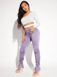 SHEIN SXY Gingham Print Split Hem Stacked Pants - Mauve Purple - View 5