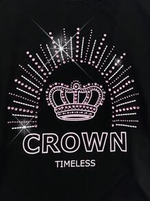 SHEIN Unity Women's Crown & Rhinestone Design T-Shirt Fall Cloth For Women - Black - View 3
