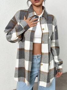 SHEIN Unity 女士格紋襯衫領羊毛外套 - 淺灰色 - 查看 1