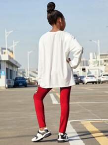 SHEIN Tween Girl Winter Warm Casual Letter Print Round Neck Sweatshirt And Pants Set