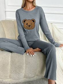 RueChic 女士卡通熊印花家居服套裝 - 灰色 - 查看 5