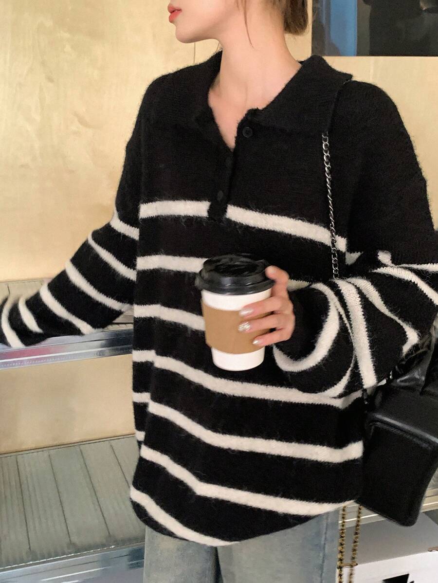 DAZY Áo len chui đầu kẻ sọc vai trễ thường ngày, quần áo mùa thu - màu đen - Xem 1