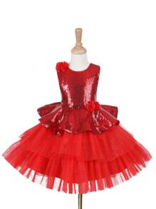 Little Girls' Sparkly Tulle Dress With 3d Flower Decorations - Red - View 2