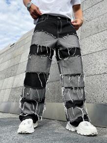Manfinity EMRG Jeans de mezclilla para hombre con bordes deshilachados, holgados con bloques de color con lavado largo en color oscuro, estilo cargo para fiestas grunge, regalo para novio - Multicolor - Ver 6