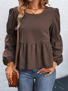 SHEIN LUNE 大码灯笼袖上衣，配荷叶边下摆荷叶边上衣 - 咖啡棕 - 查看 5