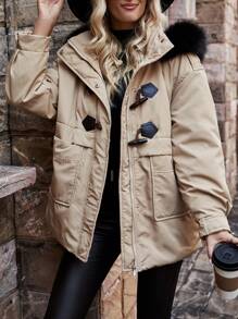 SHEIN LUNE Women's Hooded Padded Padded Coat Clothes Winter With Collar And Horn Button