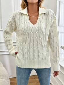 EURMUSE V-Neck Drop Shoulder Cable Knit Sweater - Beige - View 2