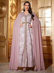 Jacquard Mesh Splicing Elegant Dress - Dusty Pink - View 1