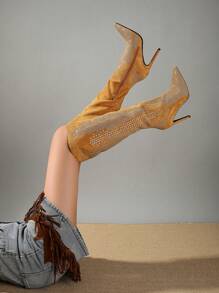 Đúng mốt Giày cao gót Pha lê Dài Giày ống - Màu vàng - Xem 2