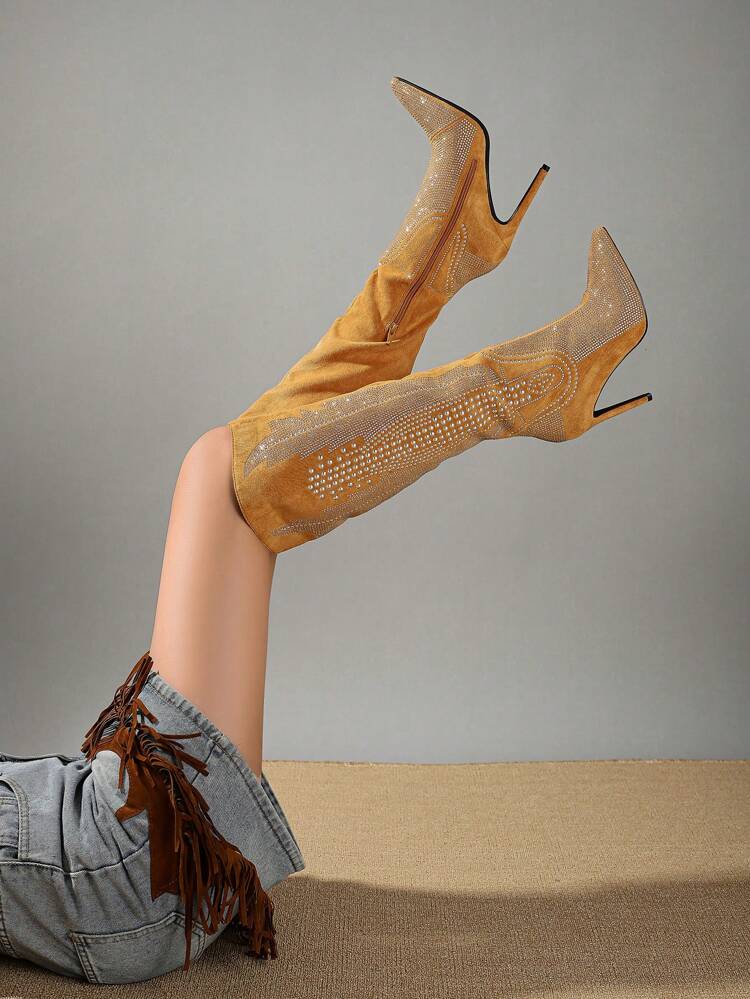 Fashionable High Heel Rhinestone Long Boots