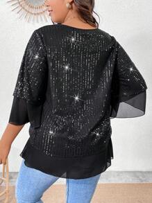 Allurite Blusa De Malla Con Lentejuelas De Talla Grande - Negro - Ver 2