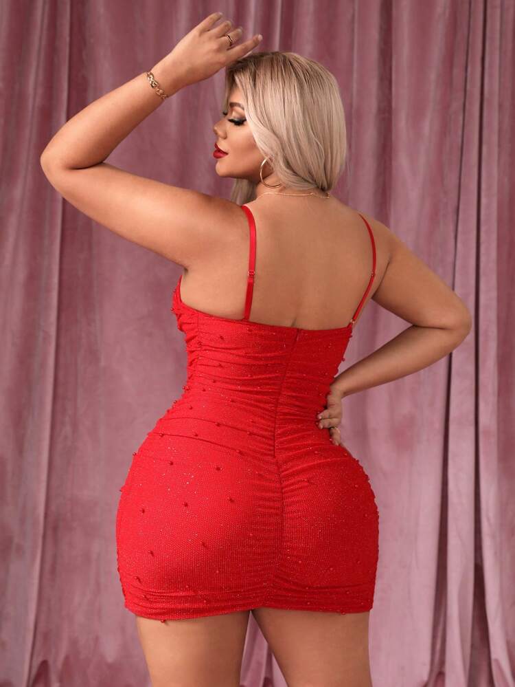 Plus Beaded Detail Ruched Bodycon Dress Without Arm Sleeves