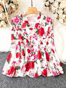 SHEIN LUNE 大尺碼花卉印花襯衫 - 紅色 - 查看 1