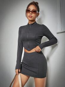 SHEIN EZwear Zipper Front T-shirt And Skirt Set