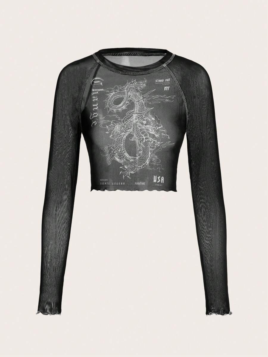 SHEIN ICON Camiseta De Manga Larga Para Mujer Con Estampado De Dragones Y Letras Y Mangas Raglán - Negro - Ver 1