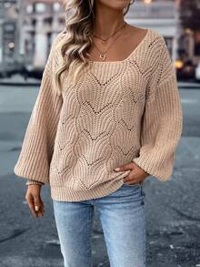 SHEIN LUNE Solid Color Hollow Out Cold Shoulder Simple Women'S Sweater - Khaki - View 3