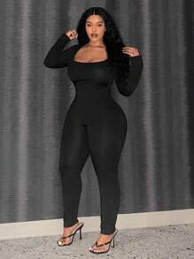 Slaydiva 大码优雅休闲纯色修身 U 领女式连体裤 - 黑色 - 查看 5